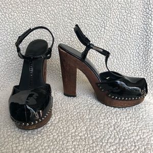 Prada Black Patent Leather Platform Clogs Sz 37.5